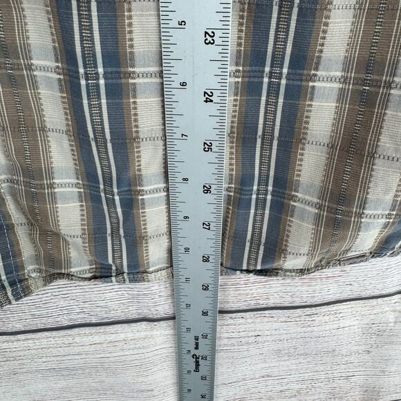 REI Button Down Vented Organic Cotton Shirt Mens Large Blue Beige Striped - Picture 8 of 8